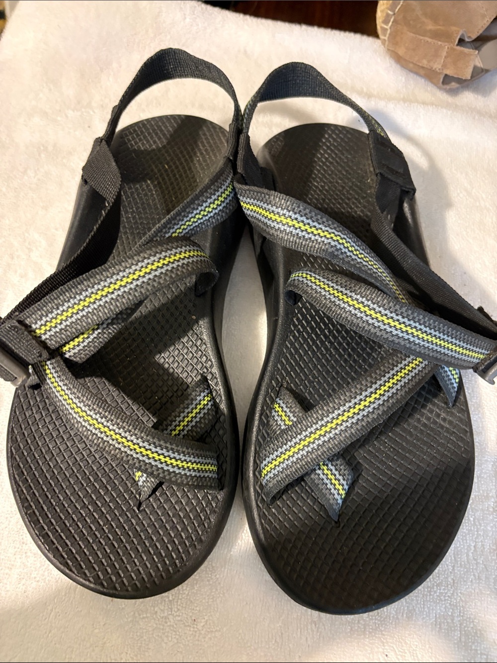 Chaco Black Sandals with Gray and Yellow Straps